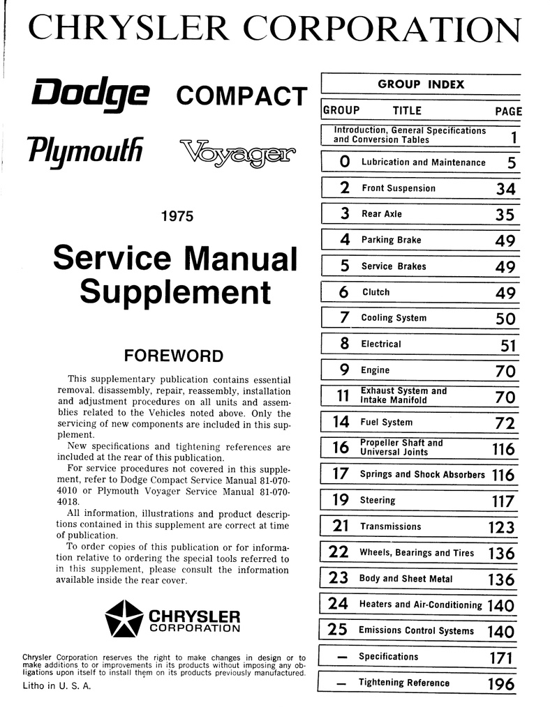 1975 Plymouth Voyager/Dodge Compact Full-Size Van Shop Repair Service Manual Supplement