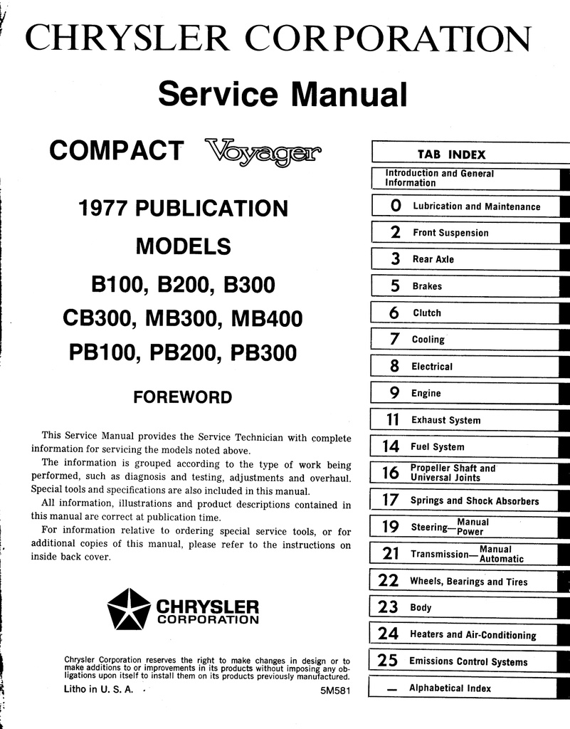 1977 Plymouth Voyager/Dodge Compact Full-Size Van Shop Repair Service Manual