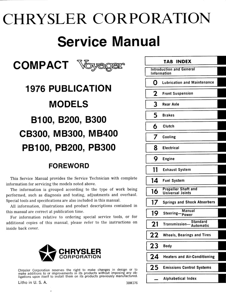 1976 Plymouth Voyager/Dodge Compact Full-Size Van Shop Repair Service Manual