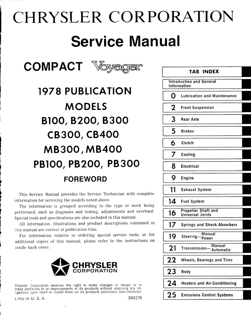 1978 Plymouth Voyager/Dodge Compact Full-Size Van Shop Repair Service Manual