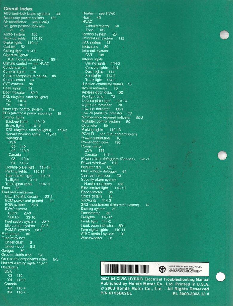 2003-2004 Honda Civic Hybrid Electrical Troubleshooting Manual ETM with Wiring Diagrams