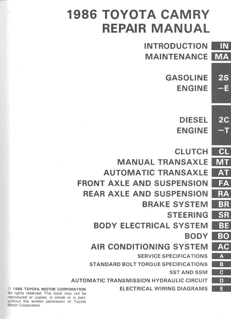 1986 Toyota Camry OEM Shop Service Repair Manual