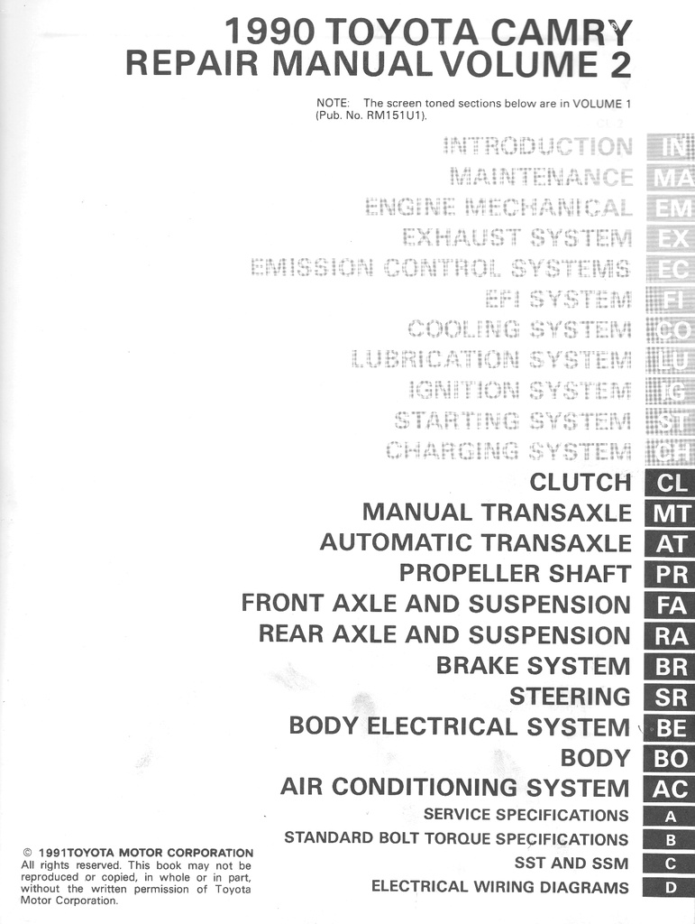 1990 Toyota Camry OEM Shop Service Repair Manual 2 Vol Set