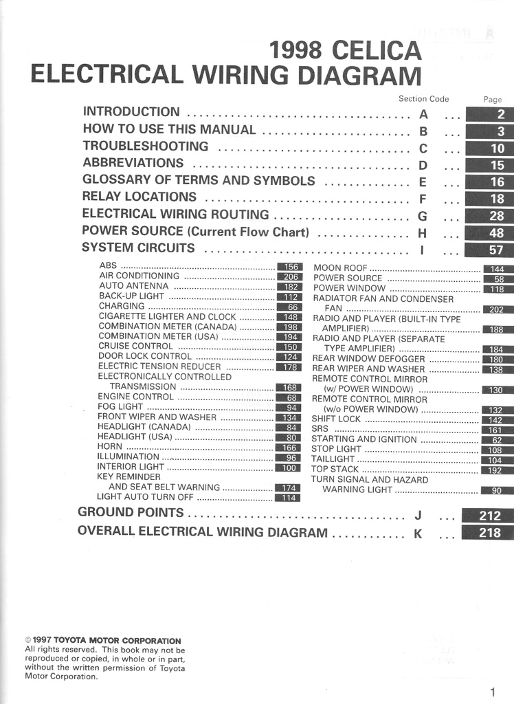 1998 Toyota Celica OEM Shop Service Repair Electrical Wiring Diagram Manual