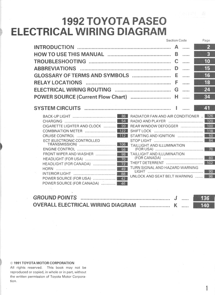 1992 Toyota Paseo OEM Shop Service Repair Electrical Wiring Diagram Manual