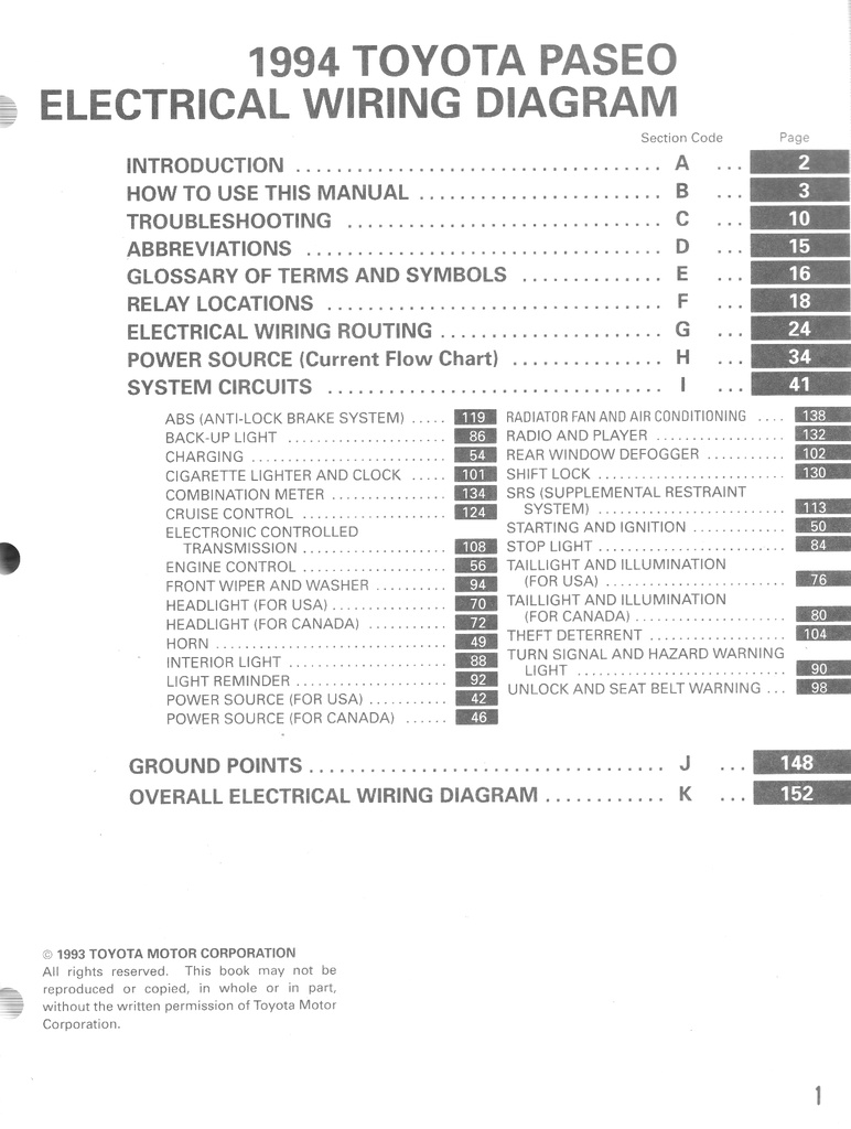 1994 Toyota Paseo OEM Shop Service Repair Electrical Wiring Diagram Manual