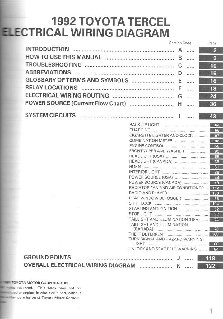 1992 Toyota Tercel OEM Shop Service Repair Electrical Wiring Diagram Manual