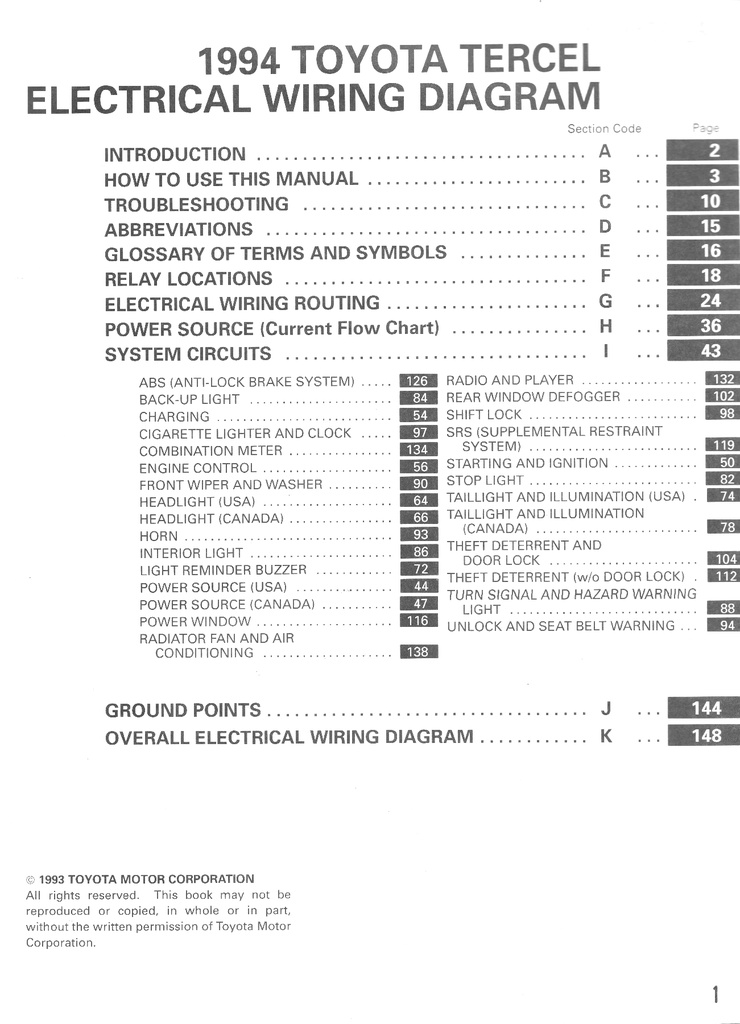 1994 Toyota Tercel OEM Shop Service Repair Electrical Wiring Diagram Manual