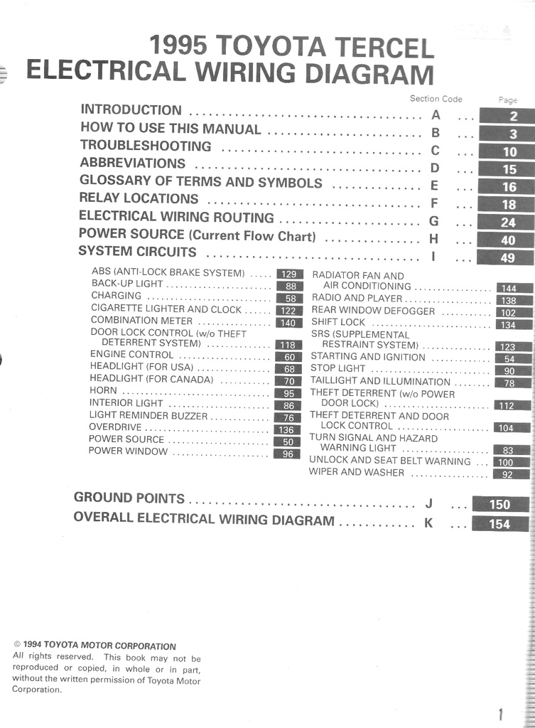 1995 Toyota Tercel OEM Shop Service Repair Electrical Wiring Diagram Manual