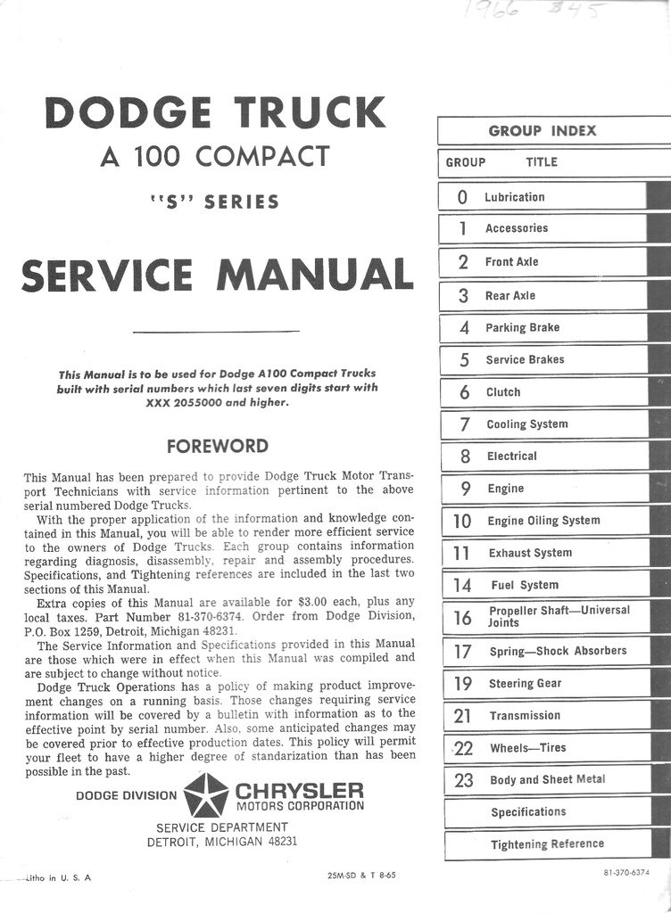 1966 Dodge/ A-100 S Series Compact Van Shop Maintenance Repair Service Manual
