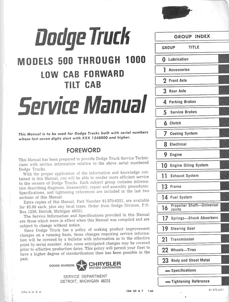 1966 Dodge Low Cab Forward and Tilt Cab Shop Repair Service Manual