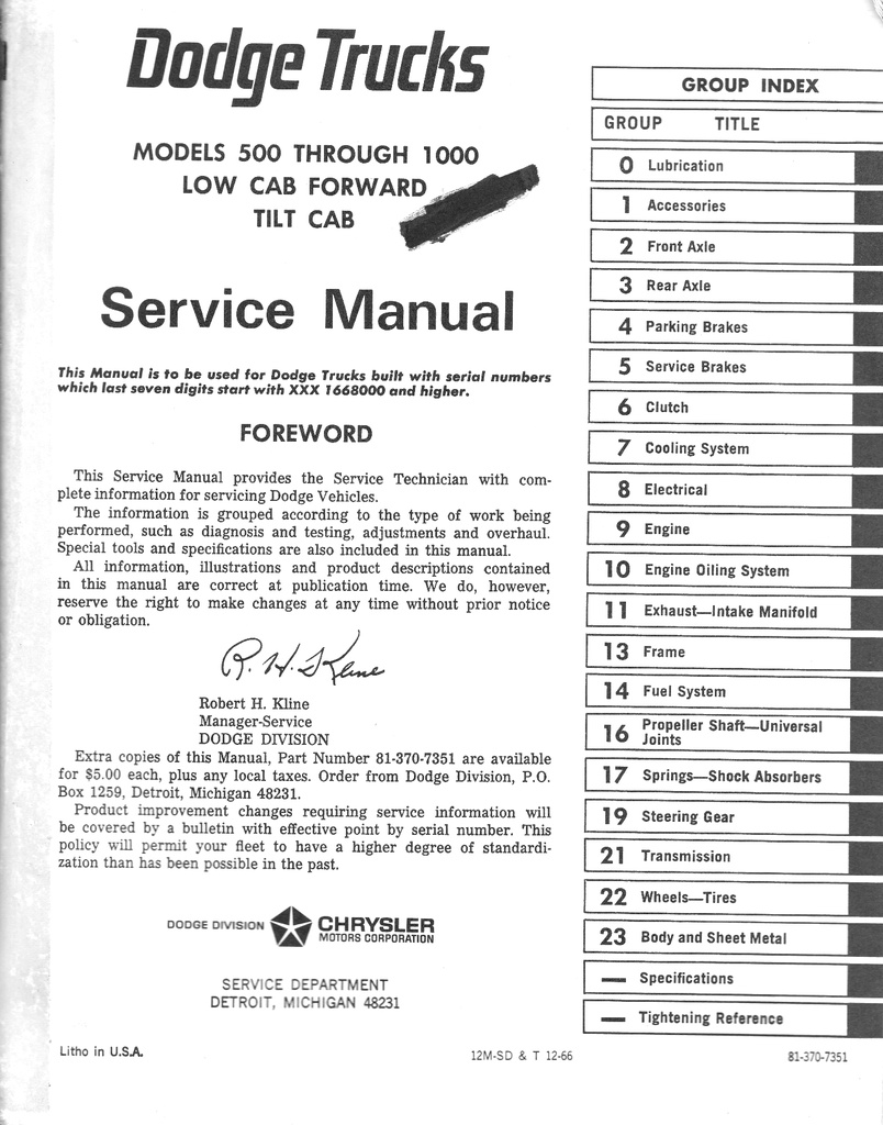 1967 Dodge Low Cab Forward and Tilt Cab Shop Repair Service Manual