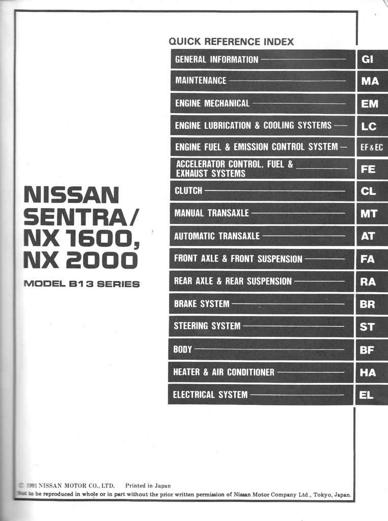 1992 Nissan Sentra/NX1600/NX2000 Shop Repair Service Manual