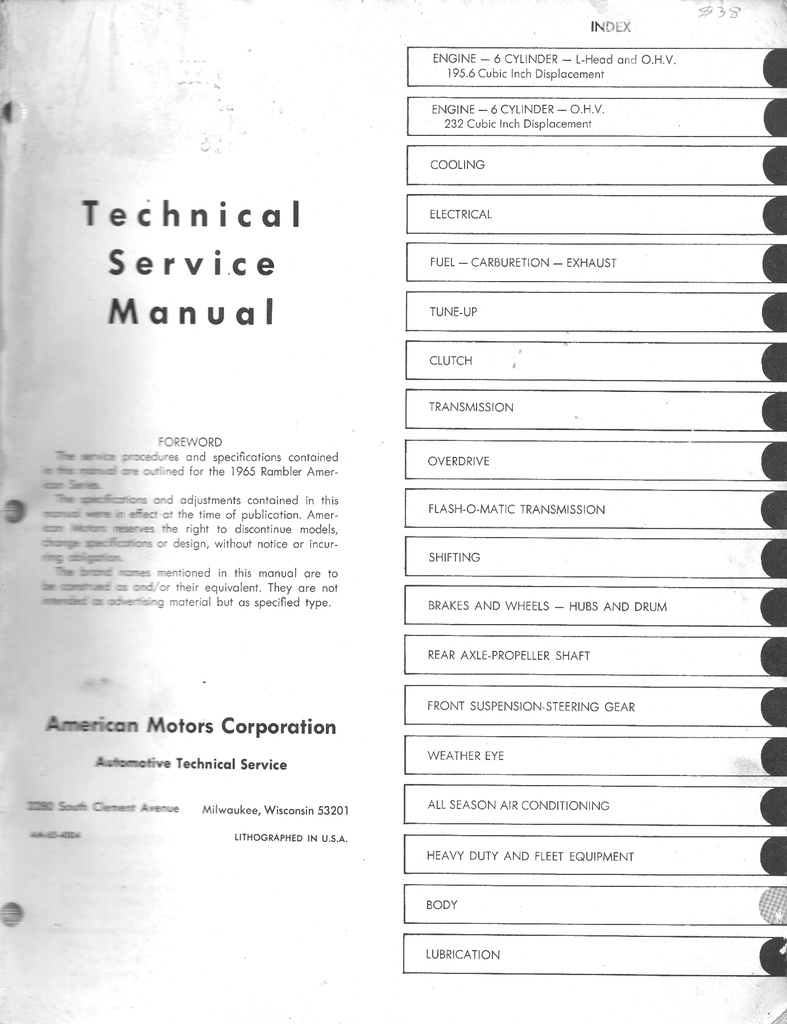 1965 AMC Rambler American Shop Repair Maintenance Technical Service Manual