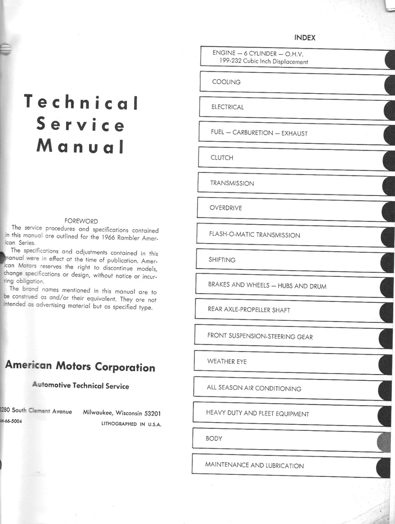 1966 AMC Rambler American Shop Repair Maintenance Technical Service Manual