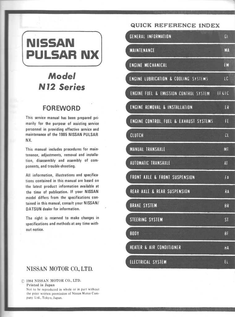1985 Nissan Pulsar NX Shop Repair Service Manual