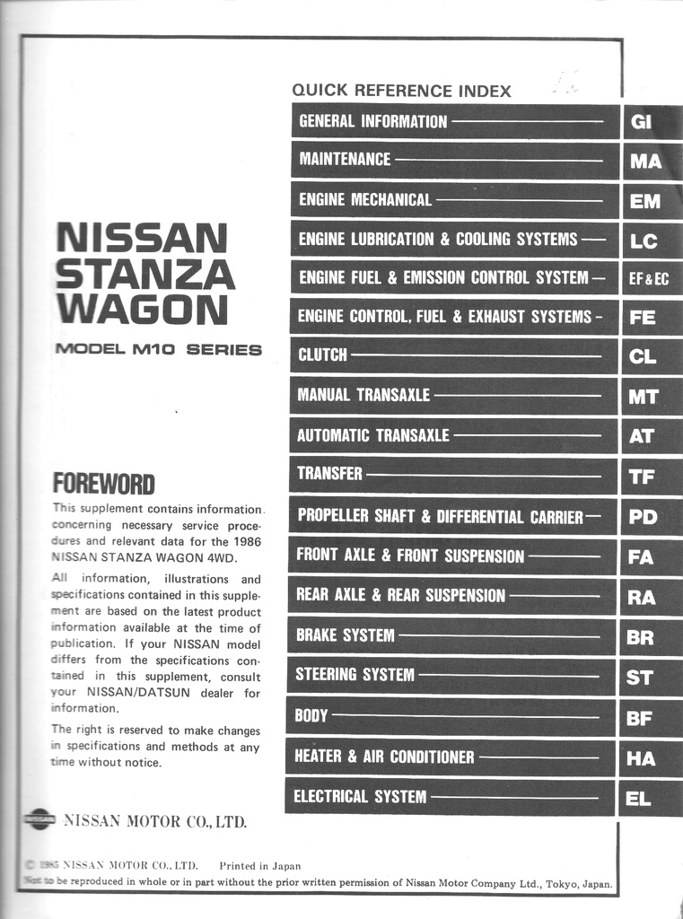 1986 Nissan Stanza Wagon 4WD Shop Repair Service Manual Supplement