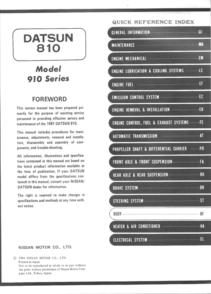 1981 Datsun 810 Diesel Shop Repair Service Manual