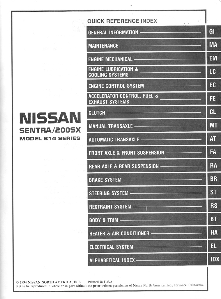 1995 Nissan Sentra/200SX Shop Repair Service Manual