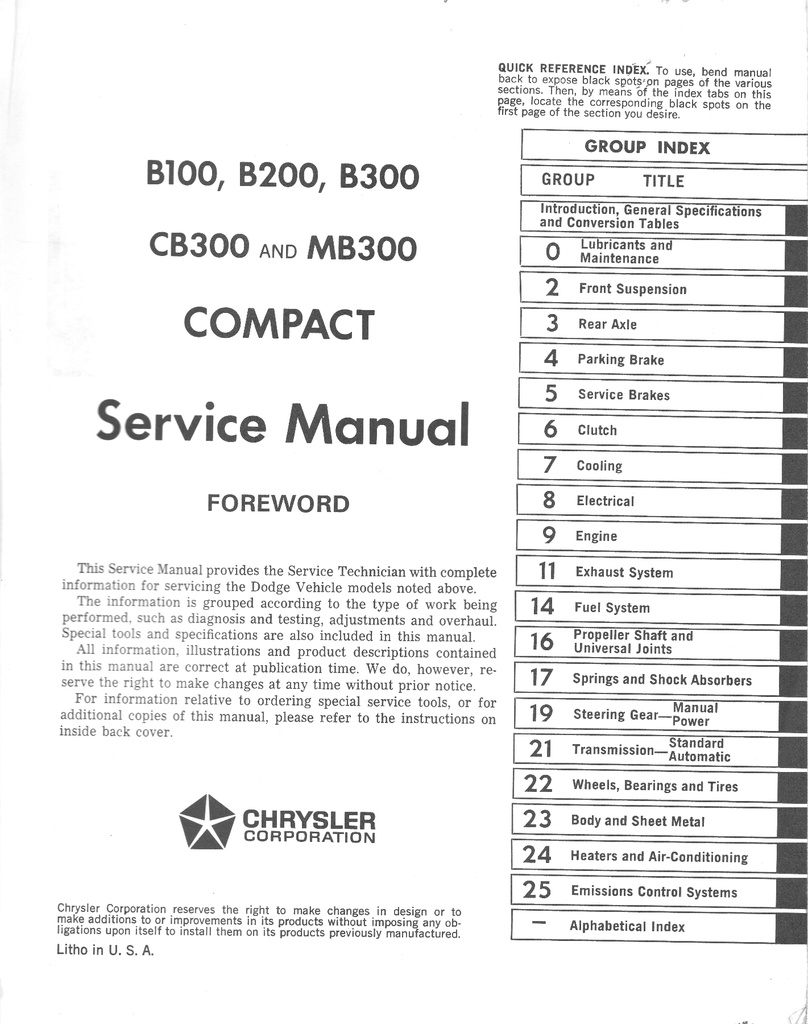 1974 Dodge Sportsman/Tradesman/Compact Full-Size Van B100-B300 CB300 MB300 Shop Repair Service Manual