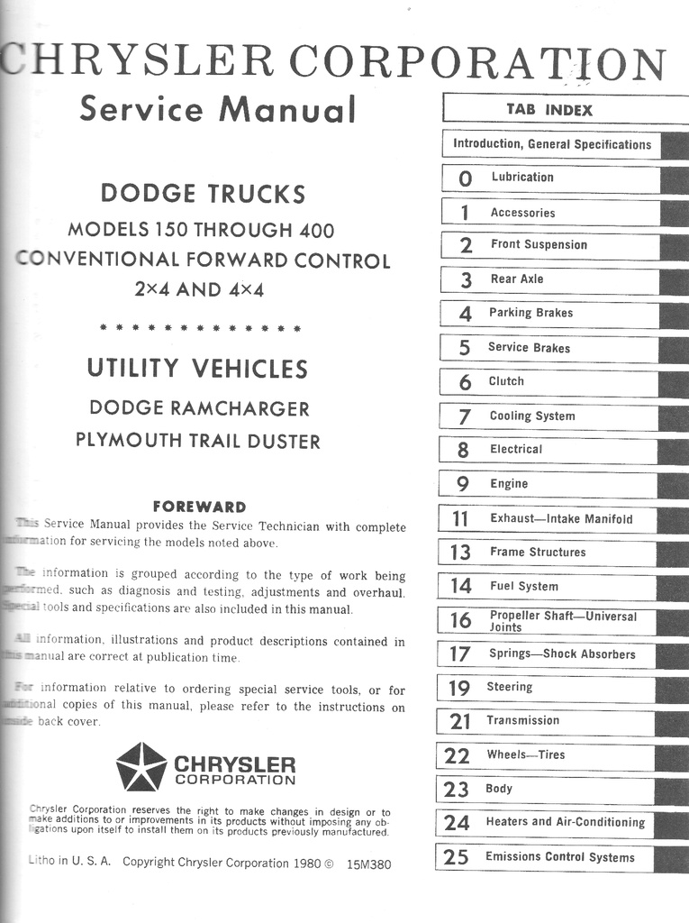 1980 Dodge 150–400 Trucks and Ramcharger and Plymouth Trail Duster SUVs 2WD and 4WD Shop Maintenance Repair Service Manual