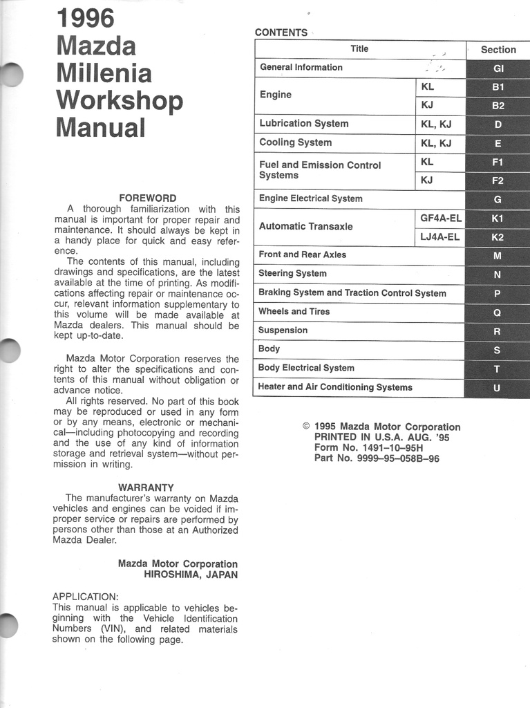 1996 Mazda Millenia Workshop Shop Service Repair Manual