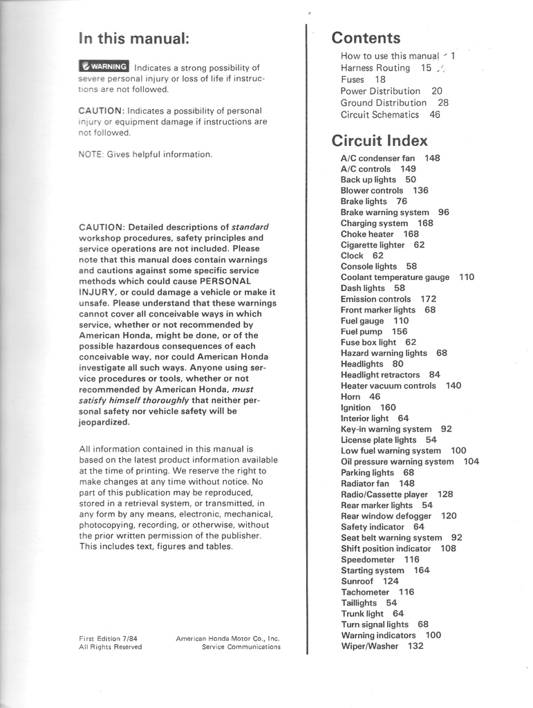 1984 Honda Prelude Electrical Troubleshooting Manual ETM