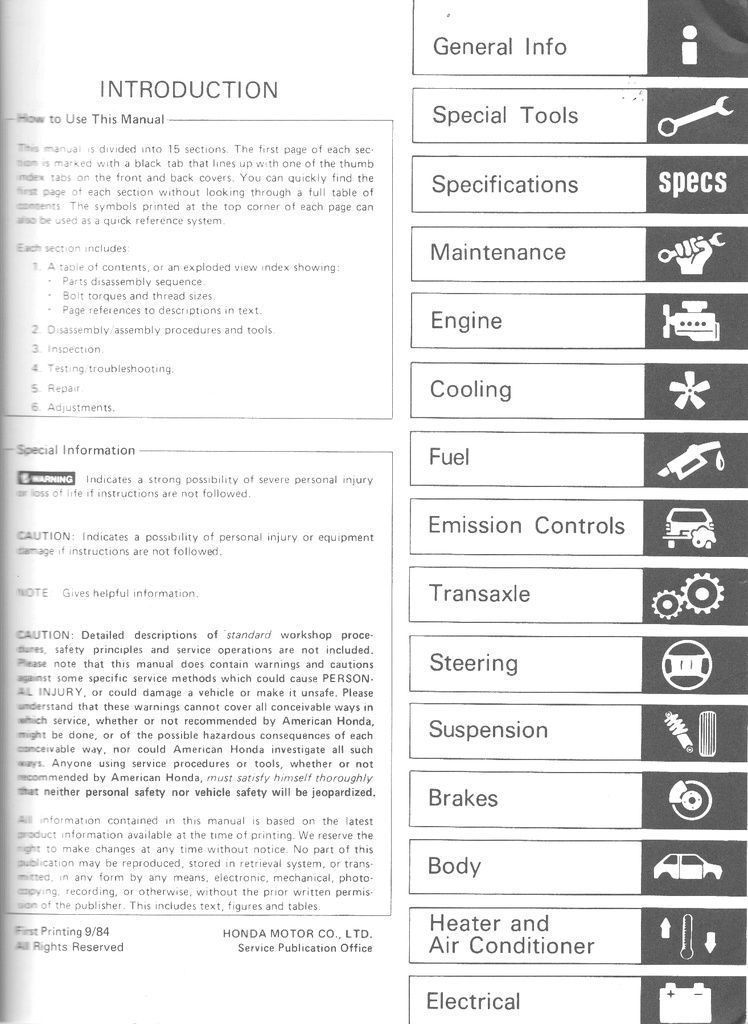 1985 Honda Accord OEM Factory Shop Repair Service Manual