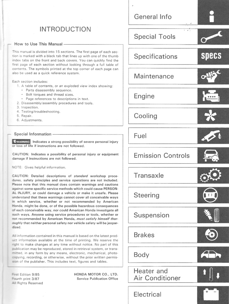 1986 Honda Accord OEM Factory Shop Repair Service Manual