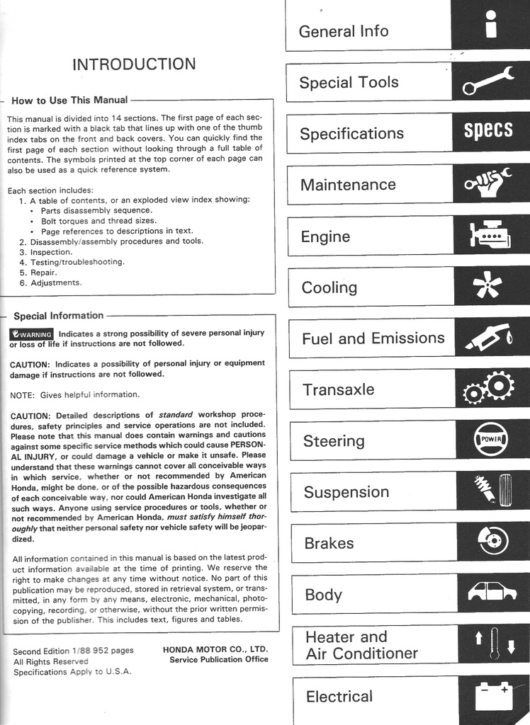 1988 Honda Accord OEM Factory Shop Repair Service Manual