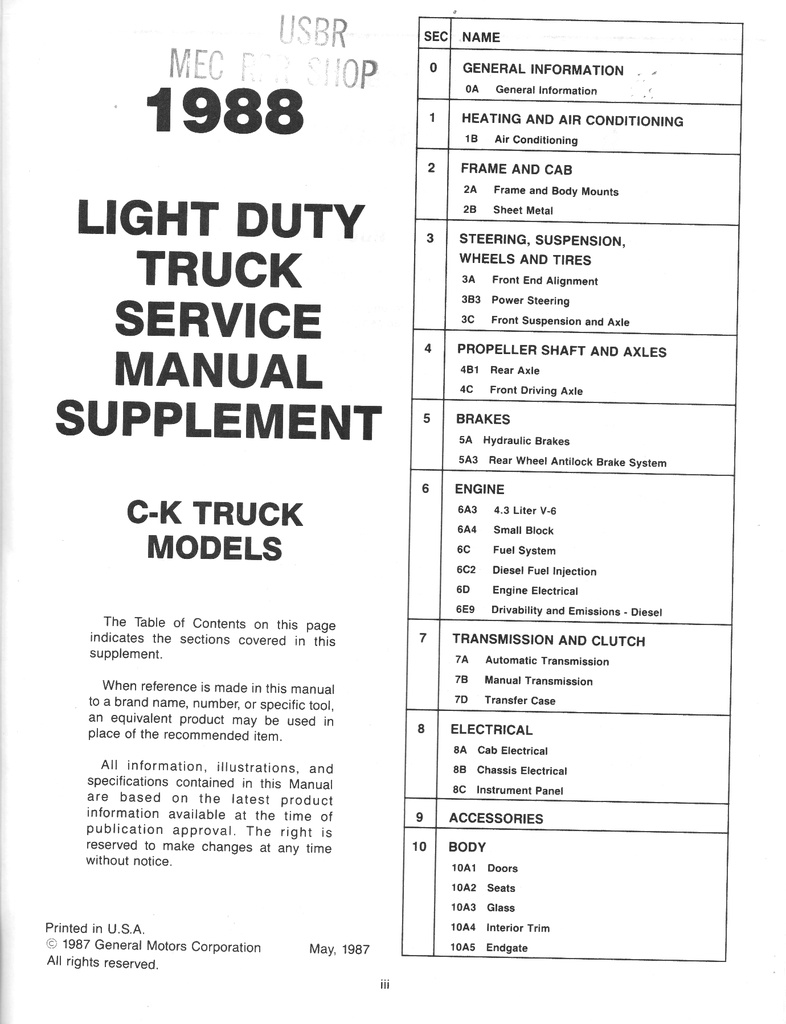 1988 Chevrolet C/K Light Duty Pickup Truck Original OEM Shop Maintenance Repair Service Manual Supplement