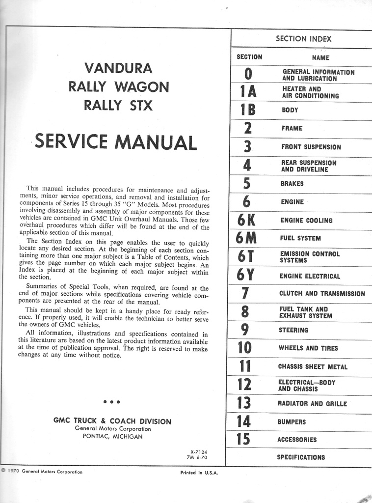 1971 GMC G-Van Rally Wagon Vandura Shop Repair Maintenance Service Manual