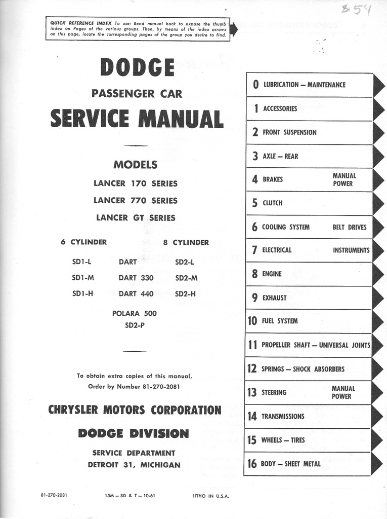 1962 Dodge Dart Lancer Polara Shop Maintenance Repair Service Manual