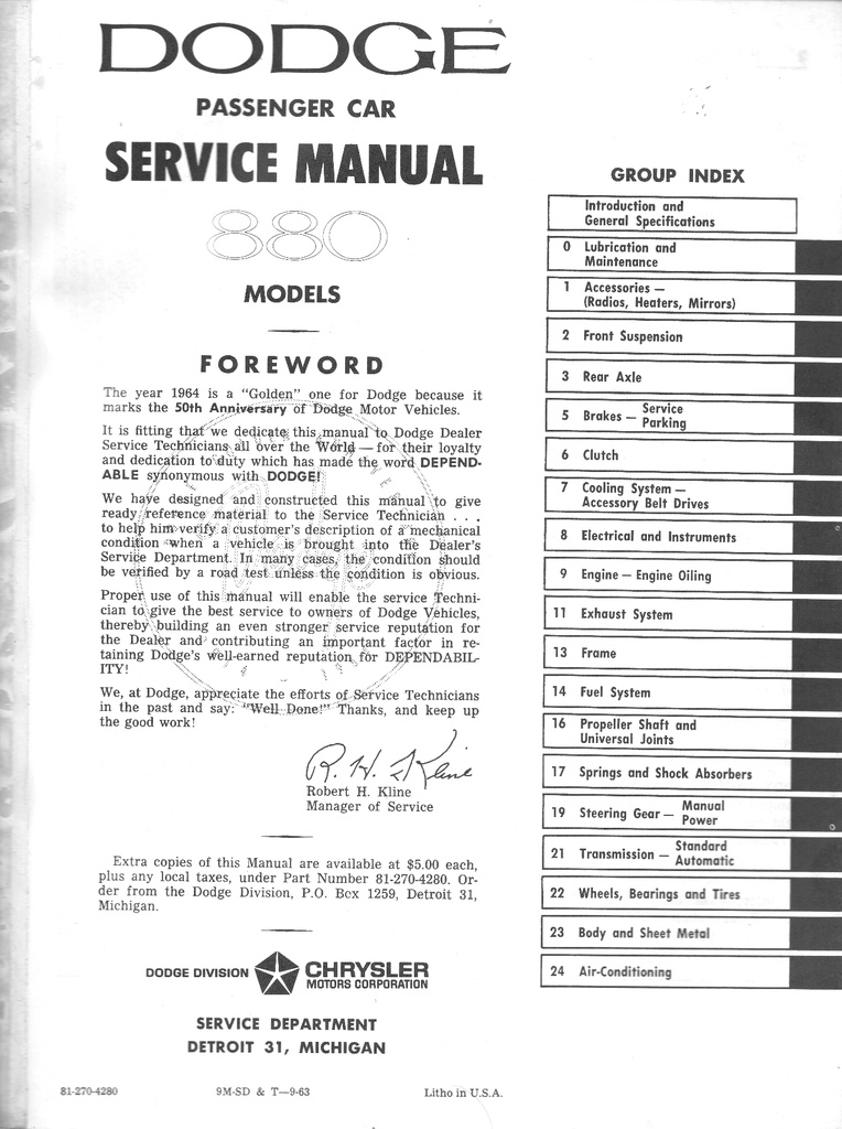 1964 Dodge Custom Eight Eighty 880 Shop Maintenance Repair Service Manual