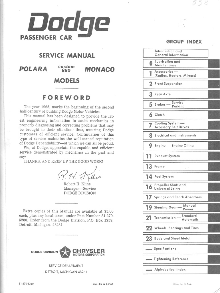 1965 Dodge Polara Custom Eight Eighty 880 Monaco Shop Maintenance Repair Service Manual