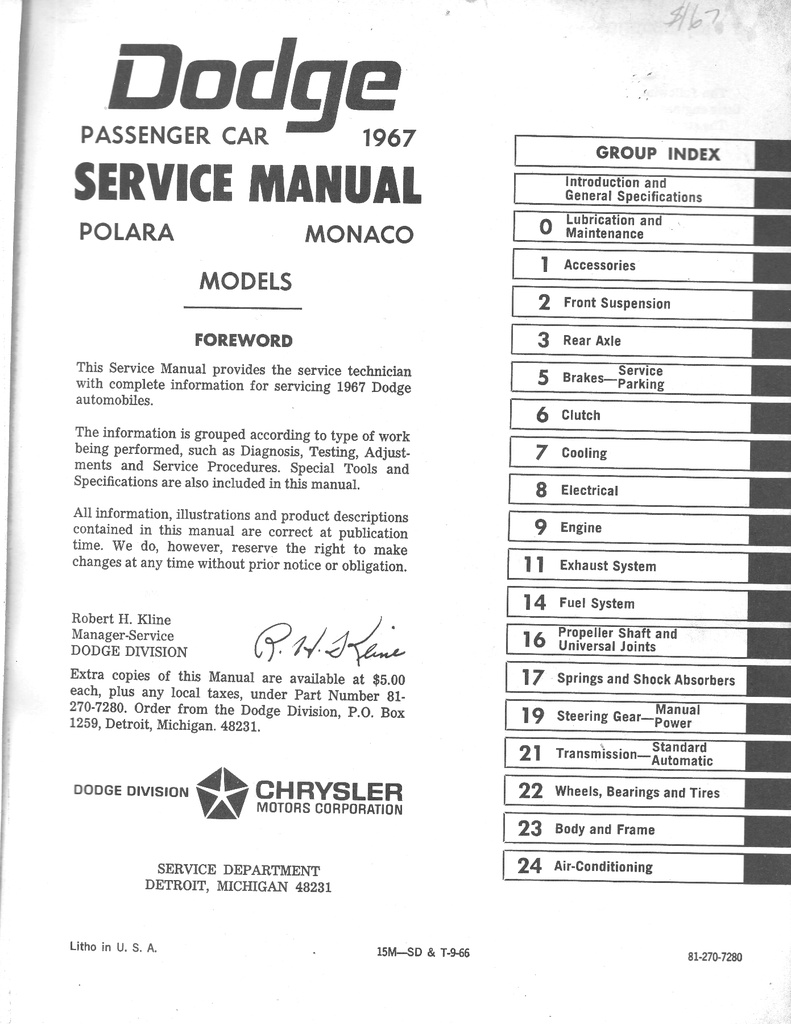 1967 Dodge Polara Monaco Shop Maintenance Repair Service Manual