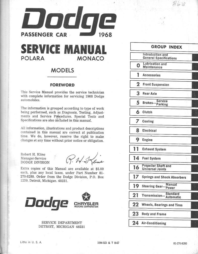 1968 Dodge Polara Monaco Shop Maintenance Repair Service Manual