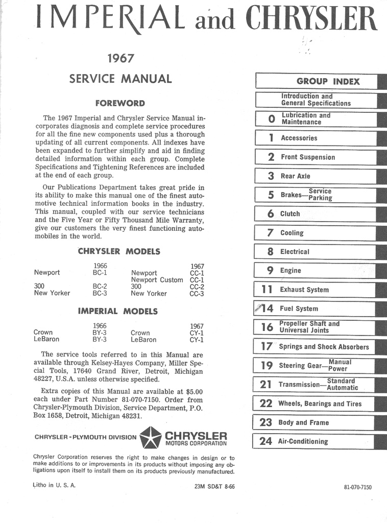 1967 Chrysler Newport New Yorker 300 Imperial Crown LeBaron Shop Repair Maintenance Technical Service Manual