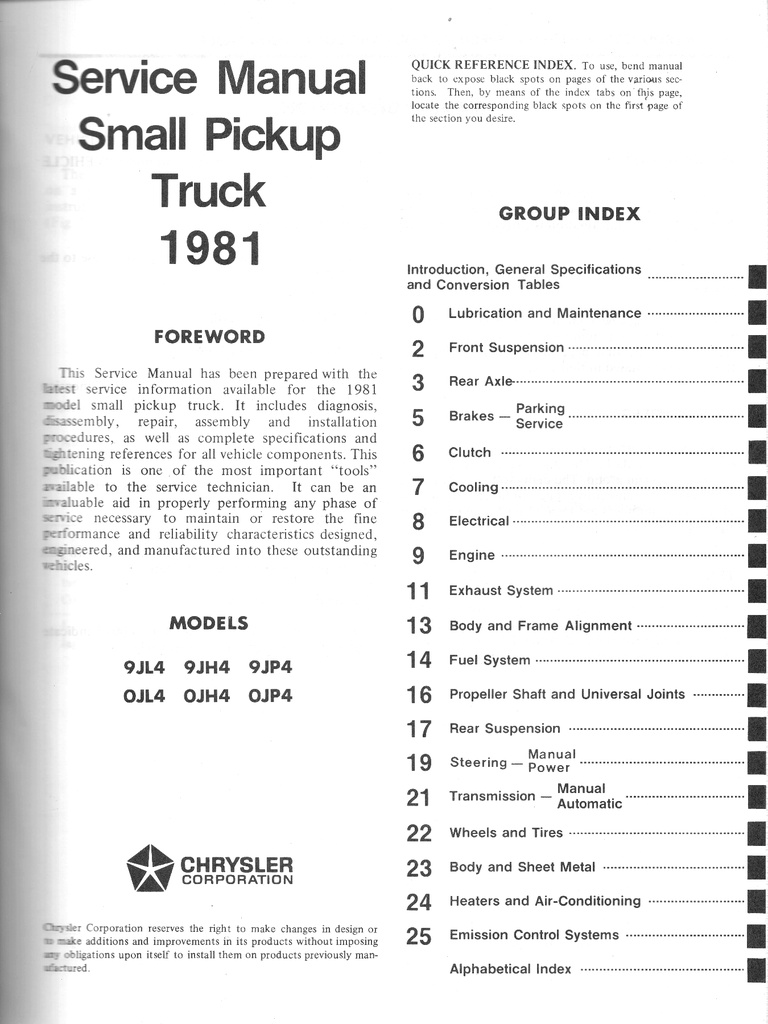 1981 Dodge D-50 and Plymouth Arrow Pickup Truck Shop Maintenance Repair Service Manual