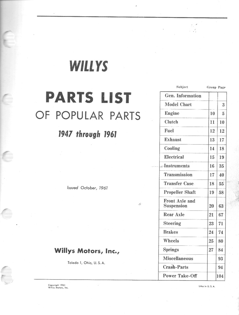 1947-1961 Willys All Models (Willys, Jeep, Jeepster, FC, Car) Popular Parts List