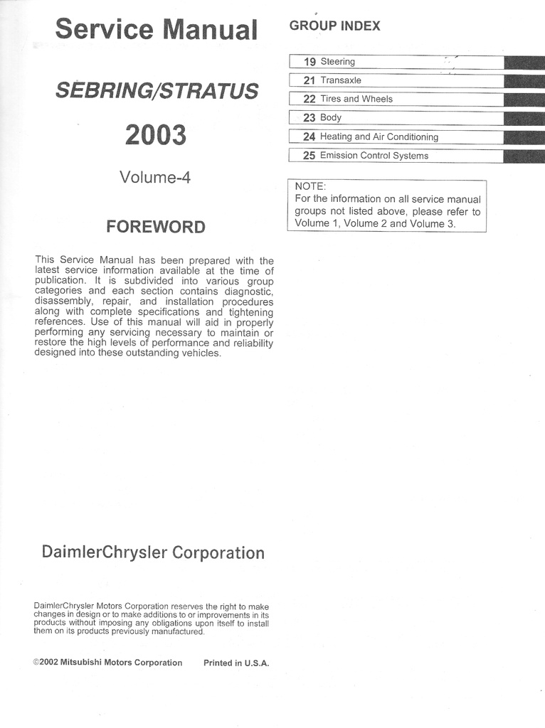 2003 Chrysler Sebring Coupe & Dodge Stratus Coupe Service Shop Repair Manual Complete 4 Vol. Set