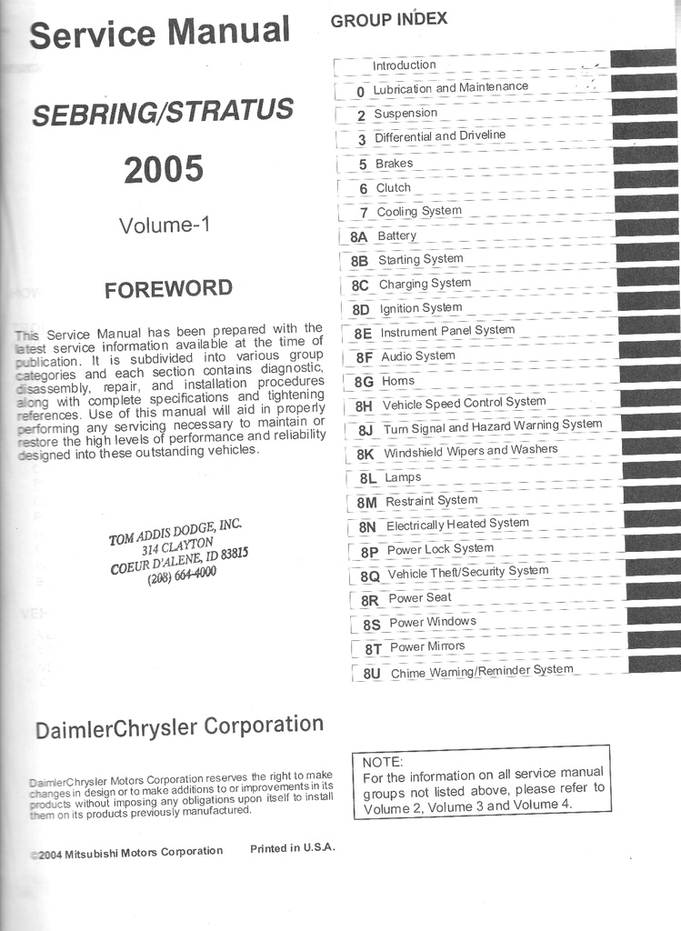 2005 Chrysler Sebring Coupe & Dodge Stratus Coupe Service Shop Repair Manual Complete 4 Vol. Set