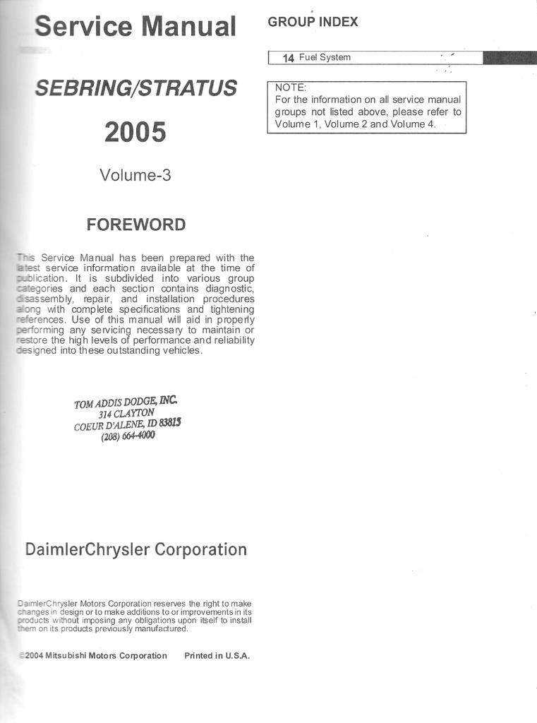 2005 Chrysler Sebring Coupe & Dodge Stratus Coupe Service Shop Repair Manual Complete 4 Vol. Set