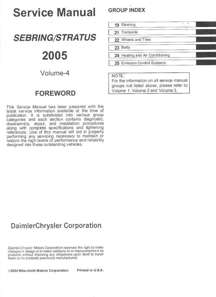 2005 Chrysler Sebring Coupe & Dodge Stratus Coupe Service Shop Repair Manual Complete 4 Vol. Set