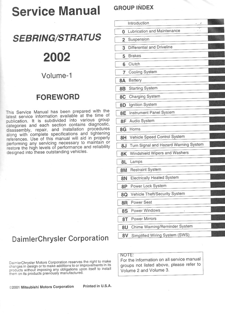 2002 Chrysler Sebring Coupe & Dodge Stratus Coupe Service Shop Repair Manual Complete 3 Vol. Set