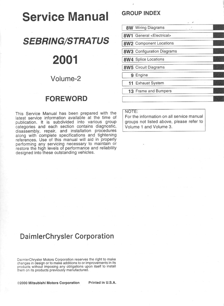 2001 Chrysler Sebring Coupe & Dodge Stratus Coupe Service Shop Repair Manual Complete 4 Vol. Set
