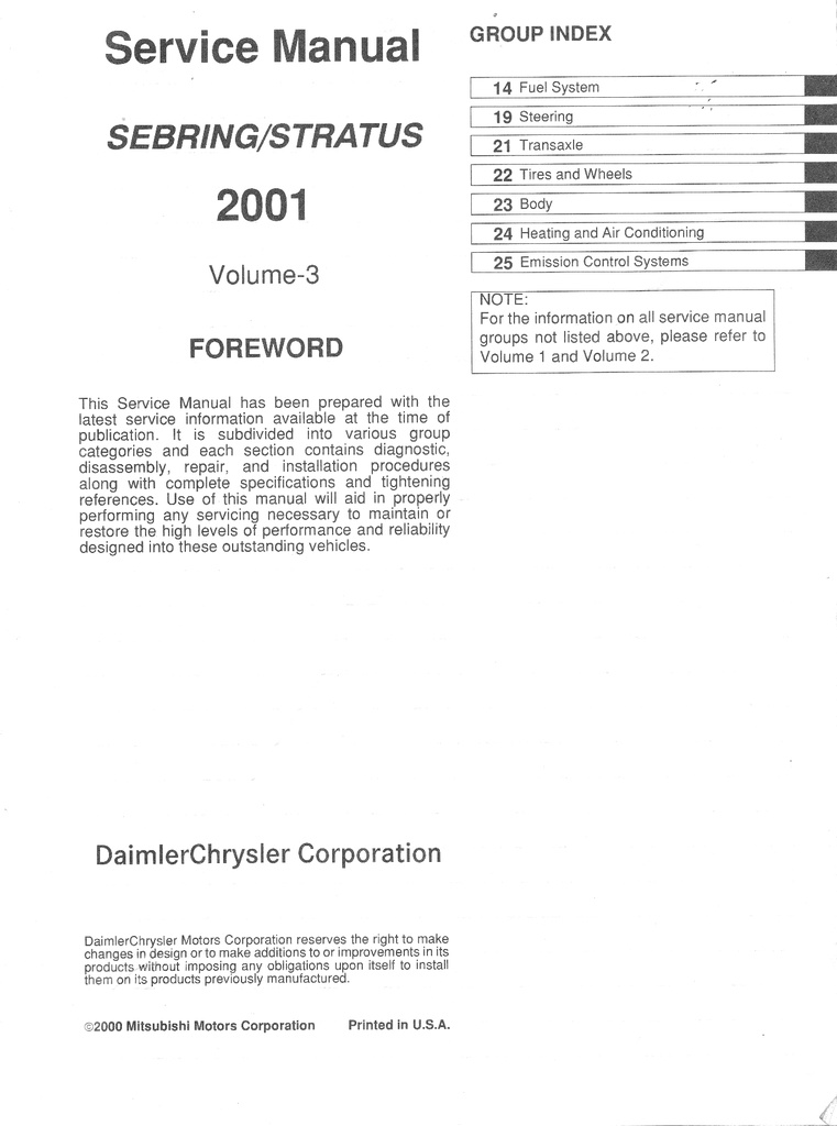2001 Chrysler Sebring Coupe & Dodge Stratus Coupe Service Shop Repair Manual Complete 4 Vol. Set