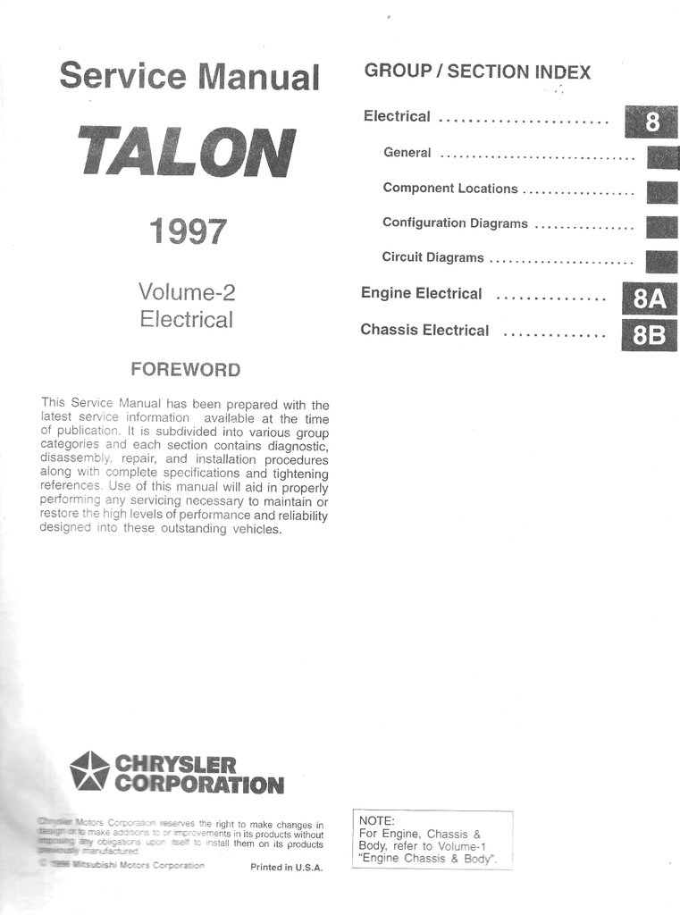 1997 Eagle Talon Shop Maintenance Repair Service & Electrical Manual 2 Vol. Set