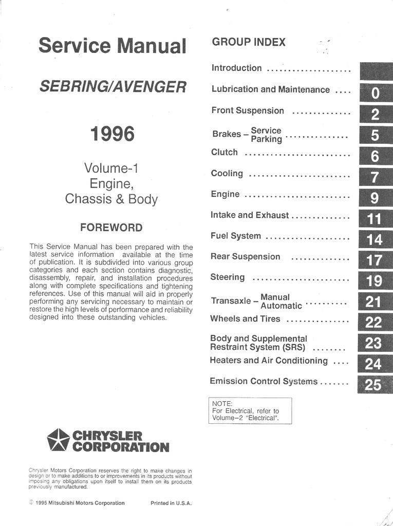 1996 Chrysler/Dodge Sebring/Avenger Shop Maintenance Repair Service & Electrical Manual 2 Vol. Set