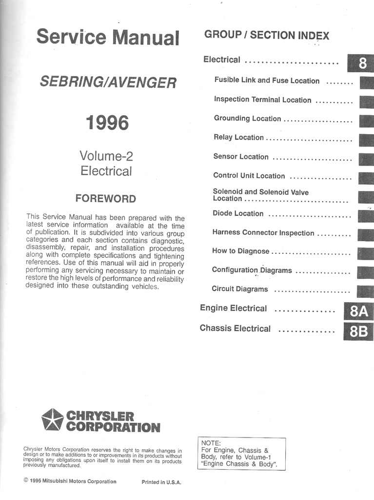1996 Chrysler/Dodge Sebring/Avenger Shop Maintenance Repair Service & Electrical Manual 2 Vol. Set